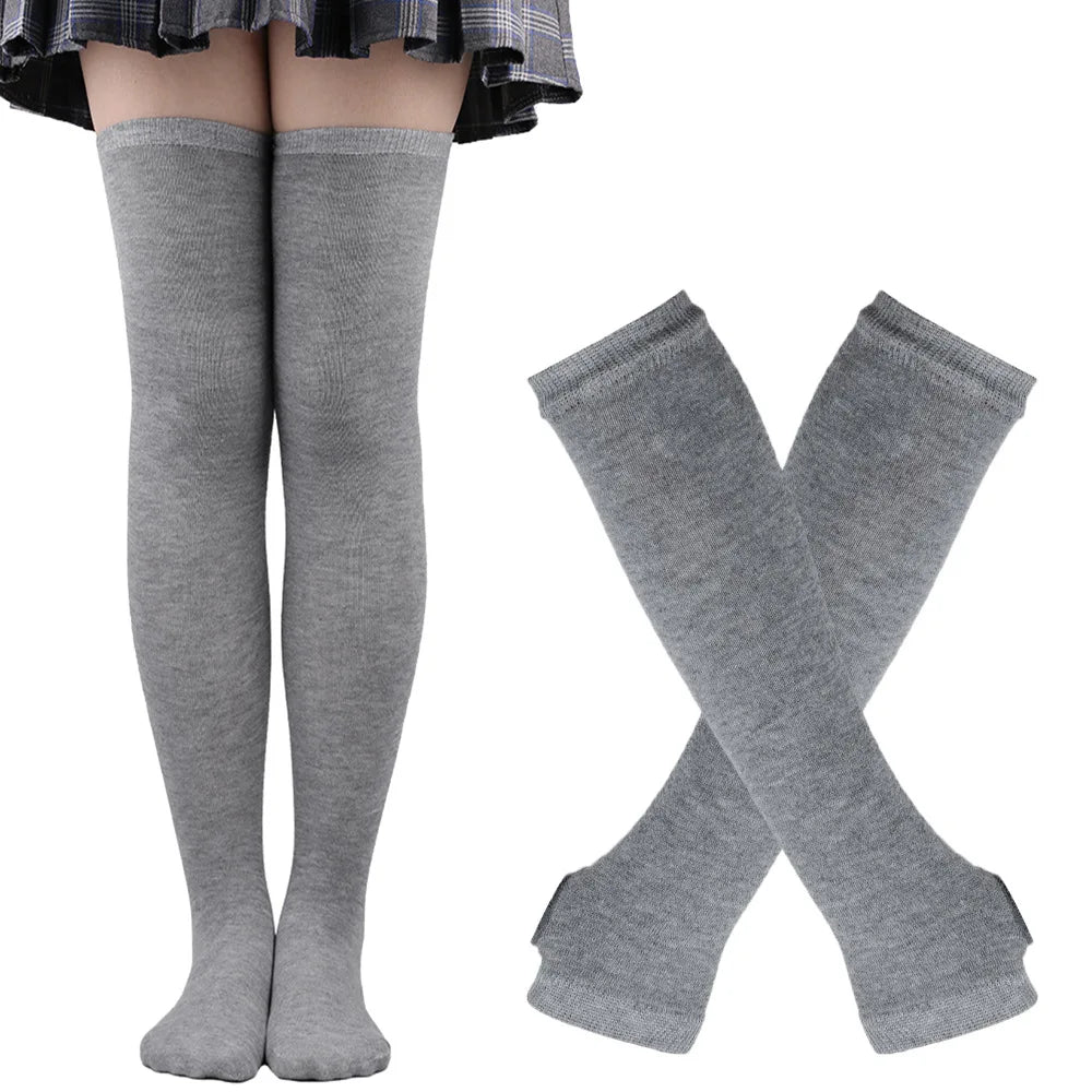 Women & Girls Over Knee Long Stripe Printed Thigh High Cotton Socks – Cute Plus Size Arm Sleeve Gloves & Overknee Socks