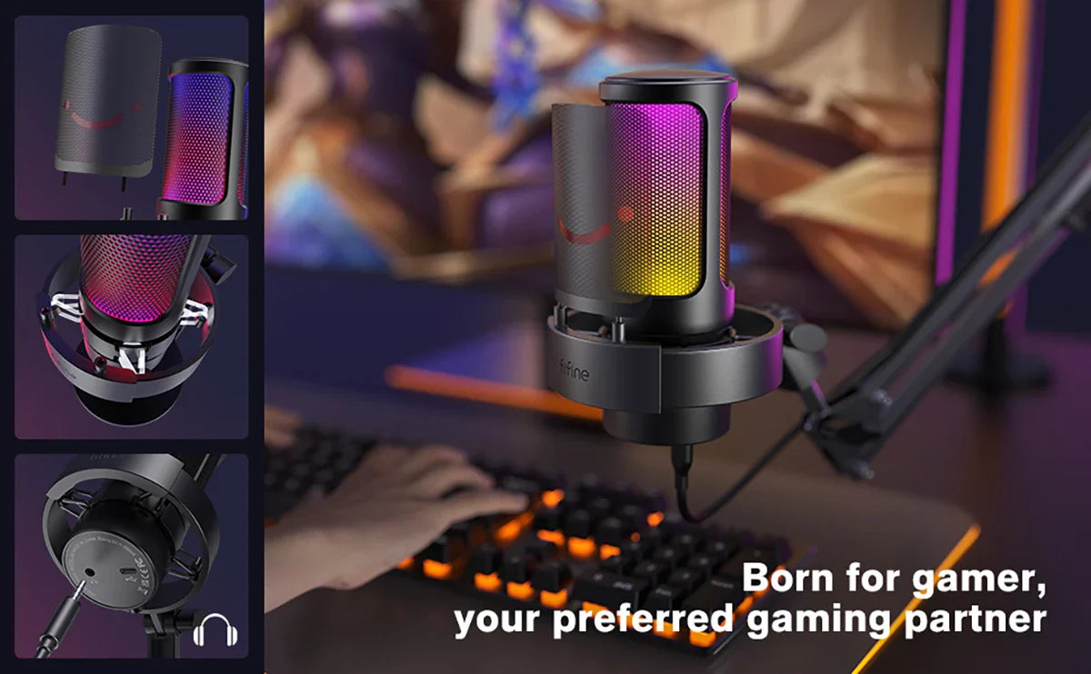FIFINE A8 USB Microphone with RGB, Touch Mute & Headphone Output for Recording & Streaming on PC Mac