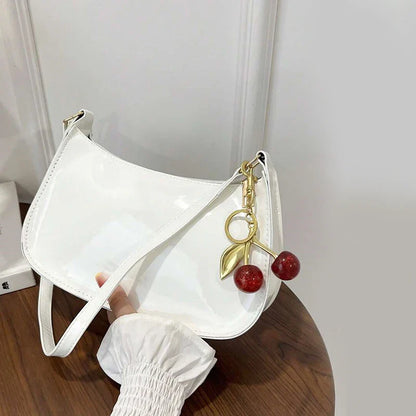 Women's PU Leather Shoulder Handbag – Solid Color Versatile Underarm Bag with Cherry Pendant Casual Commuting Purse