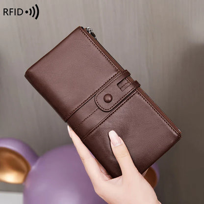 RFID Blocking Large Capacity Wallet – Soft Leather Solid Color Clutch, Multi-Functional Zipper Purse for Women & Men