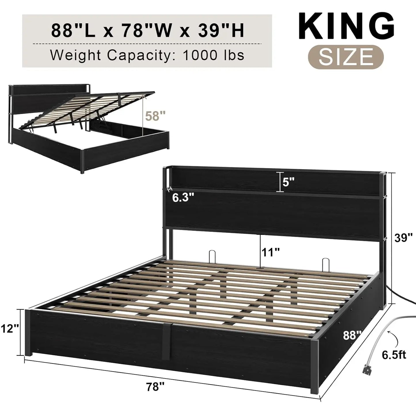 King Lift-Up Storage Bed Frame - Wooden Platform Bed with USB Charging, No Box Spring Required
