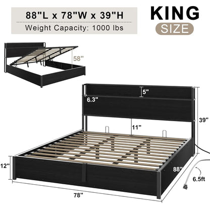 King Lift-Up Storage Bed Frame - Wooden Platform Bed with USB Charging, No Box Spring Required