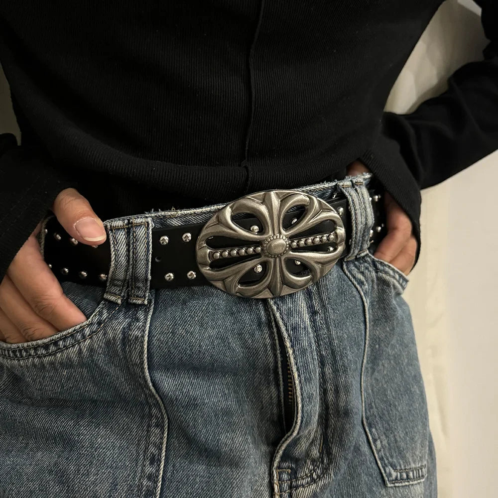 Unisex Punk Gothic Jeans Belt - Wide Hollow Cross & Heart Rivet Waistband for Women and Men