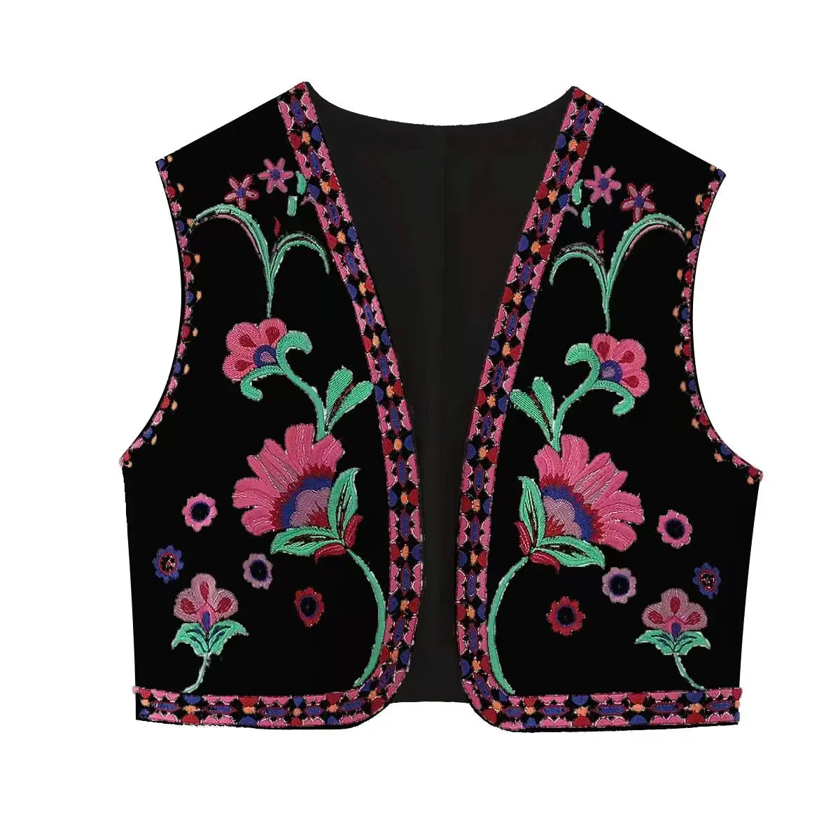 KEYANKETIAN Women's Vintage Floral Embroidered Open Waistcoat – National Style Vest Jacket, Casual Vacation Crop Top