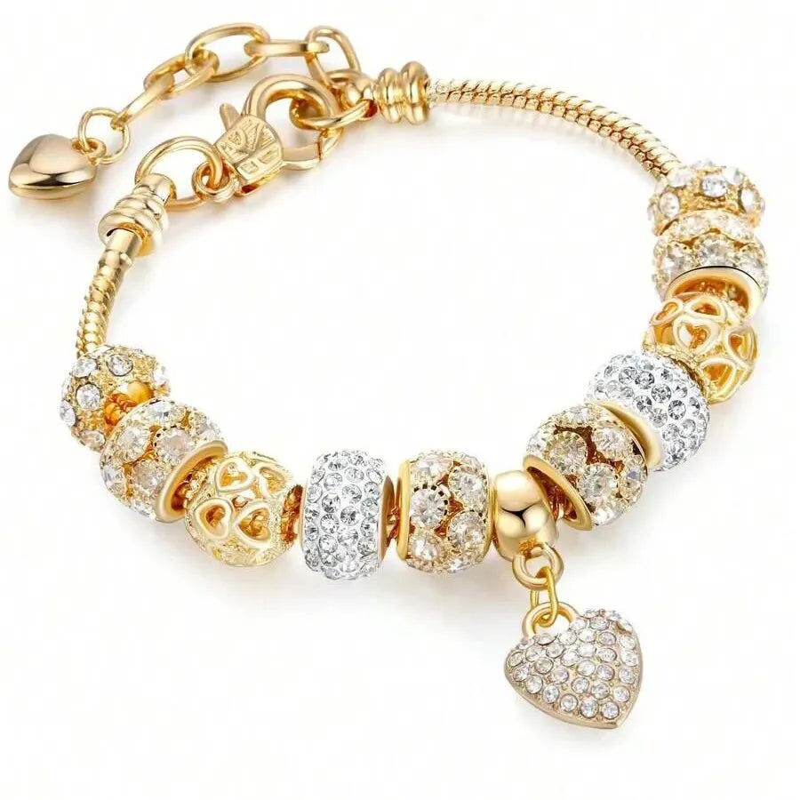 Obega Love Heart Flower Glass Pendant Charm Bracelet – Adjustable Pink & White Crystal Stone Bead Bracelet in Silver/Gold