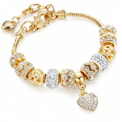 Obega Love Heart Flower Glass Pendant Charm Bracelet – Adjustable Pink & White Crystal Stone Bead Bracelet in Silver/Gold