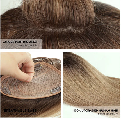 Straight Ombre Brown Remy Human Hair Topper – 100% Silk Base Clip-in Wig with Bangs, Hair Extension for Women