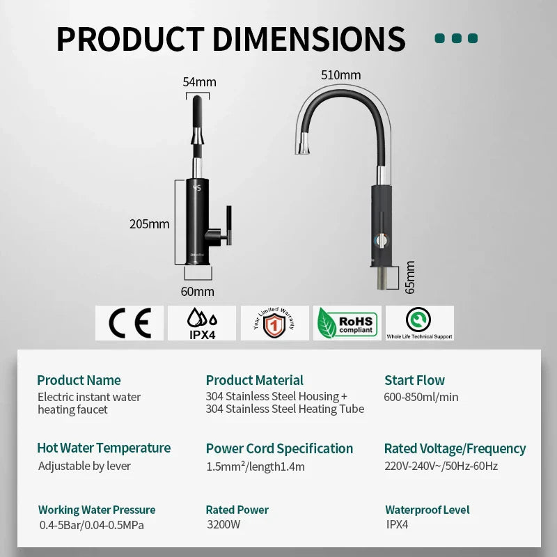 Briwellna 220V Electric Faucet – Instant Water Heater Tap with Universal Spout, Stainless Steel Geyser