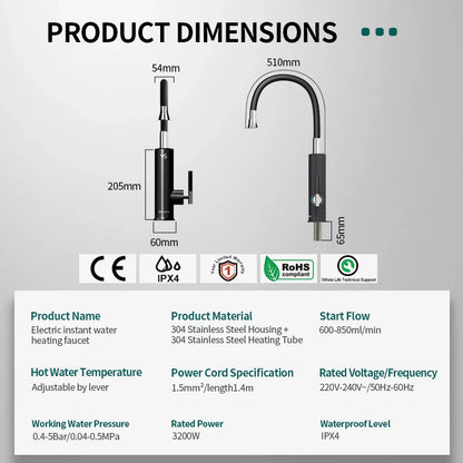 Briwellna 220V Electric Faucet – Instant Water Heater Tap with Universal Spout, Stainless Steel Geyser