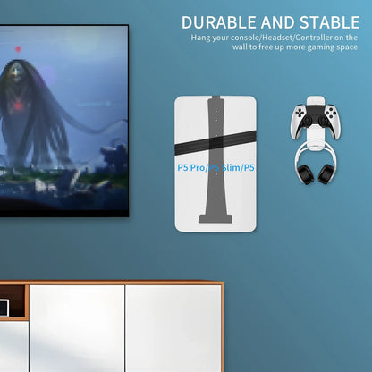 Steel Wall Mount Bracket for PS5 Slim – Stable Metal Wall Stand with Controller & Headphone Holder P5227