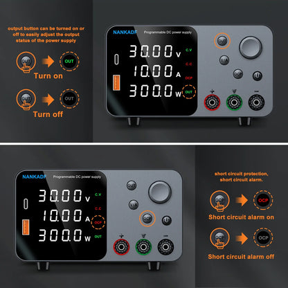 30V 10A Adjustable DC Lab Power Supply – 4-Digit LED Display, USB-A/Type-C 5V/3.6A Fast Charge with Encoder Control