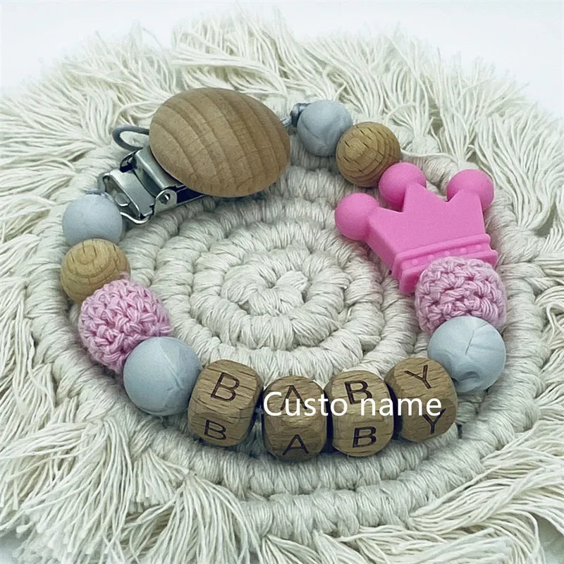 DIY Custom Name Silicone Beads & Wooden Ring Pacifier Clip – Safe Baby Teether, Eco-Friendly Dummy Chain Gift