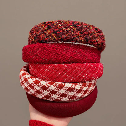 Vintage Red Woolen Velvet Headband – Women's Side Sponge Hair Hoop for Christmas & Fashion Accessories