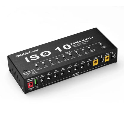 MOSKY ISO-10 Guitar Pedal Power Supply – 10 Isolated DC Outputs, 5V USB Output for 9V, 12V, 18V, Protection for Guitar Accessories