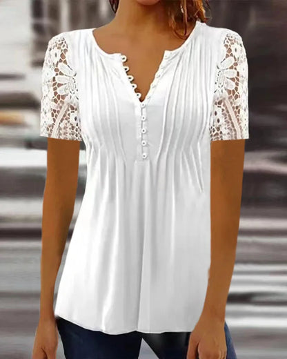 Women’s Summer Floral Lace V-Neck Blouse – Loose Fit Short Sleeve Casual Elegant Printed Fashion Shirt for Spring & Summer Wear