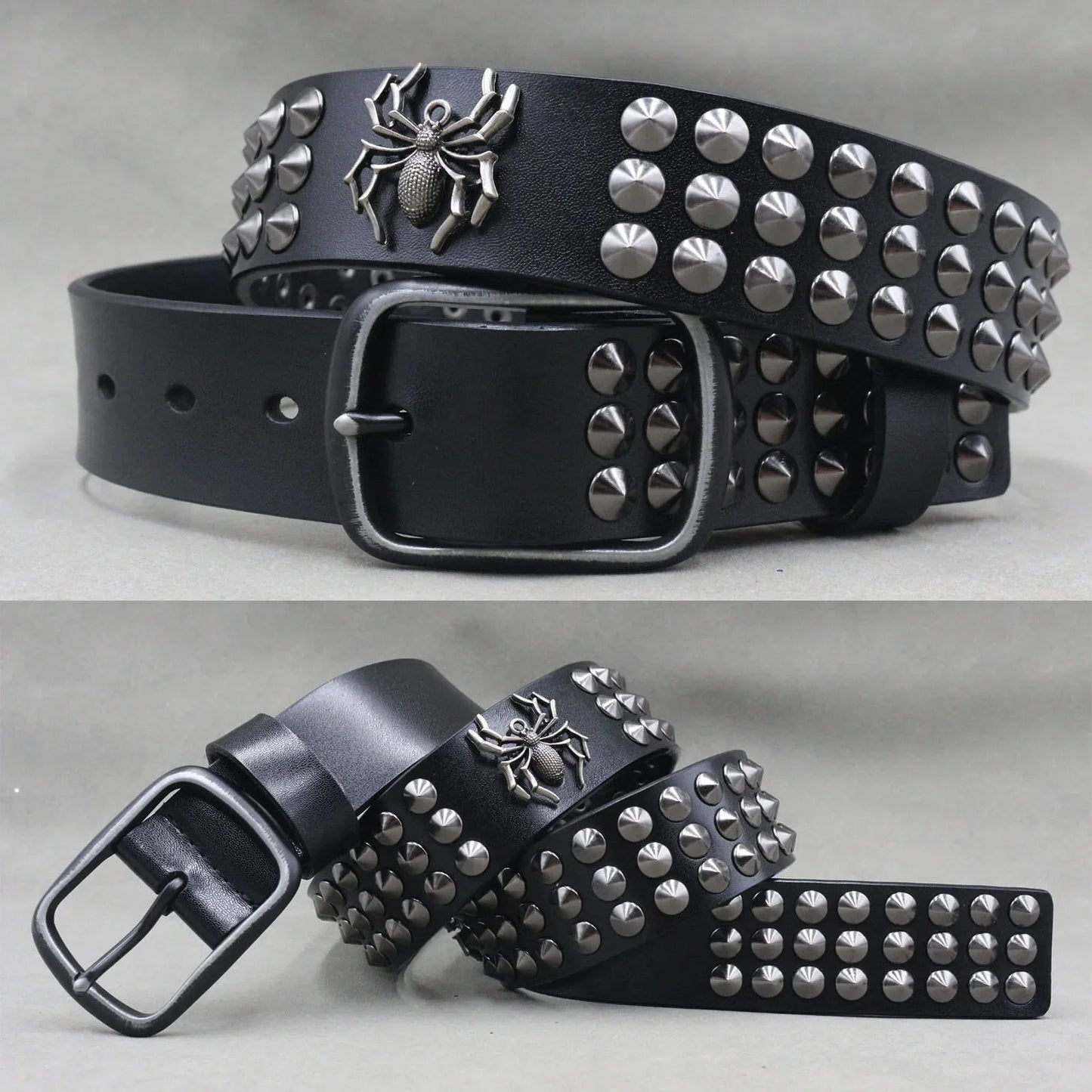 Men’s Designer Rivet Belt – Genuine Cowhide Leather Punk Rock Pin Belt for Jeans, Luxury Black Leather Belt