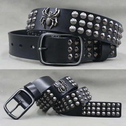 Men’s Designer Rivet Belt – Genuine Cowhide Leather Punk Rock Pin Belt for Jeans, Luxury Black Leather Belt