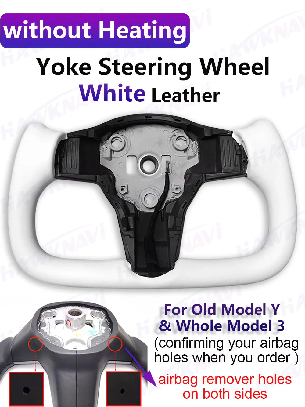 Hawknavi 350mm Yoke Steering Wheel – Leather Racing Style for Tesla Model 3 & Model Y, Heated Optional, White & Black