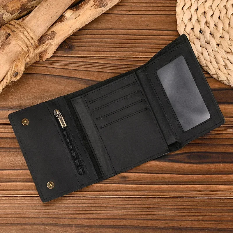 Men's Genuine Leather Short Wallet with Chain – Zipper Clutch, Trifold Purse, Card Holder & Coin Purse for Men