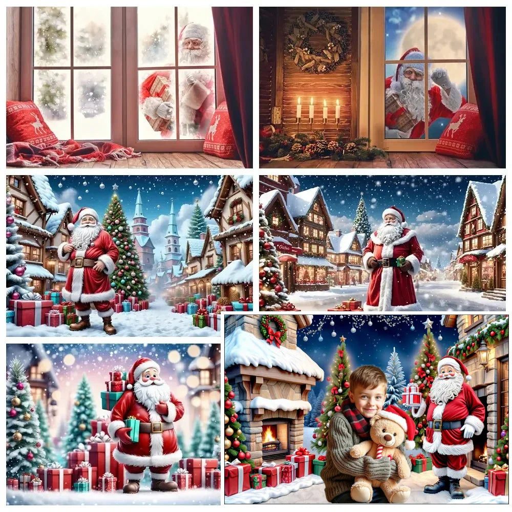 MOON.QG Christmas Santa Claus Village Backdrop – Holiday Photo Studio Background with Trees & Gifts for Home Decoration