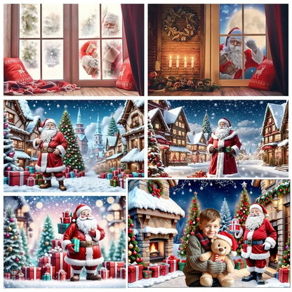 MOON.QG Christmas Santa Claus Village Backdrop – Holiday Photo Studio Background with Trees & Gifts for Home Decoration