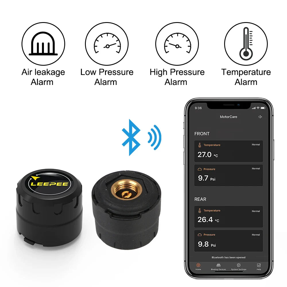 Motorcycle TPMS Bluetooth 4.0/5.0 Tire Pressure Monitoring System – 2 Sensors Pit Bike Tyre Tester Diagnostic Set