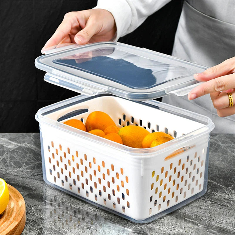 Refrigerator Storage Box – Fridge Organizer for Fresh Vegetables and Fruits, Drain Basket Storage Containers for Kitchen