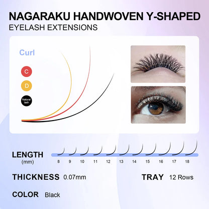 NAGARAKU YY-Shape Eyelash Extensions – Double & Triple Split Tips, Interlaced Root Lashes