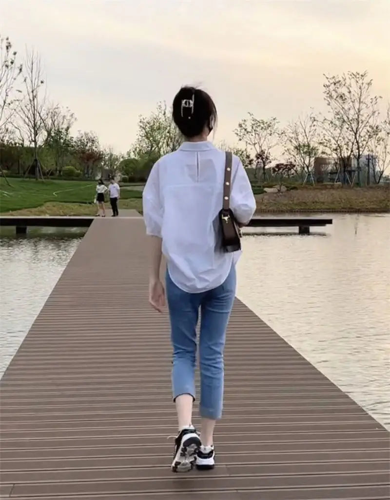2025 Women’s Cotton Mid-Sleeve Loose Blouse – Casual Irregular Summer Shirt Korean Fashion
