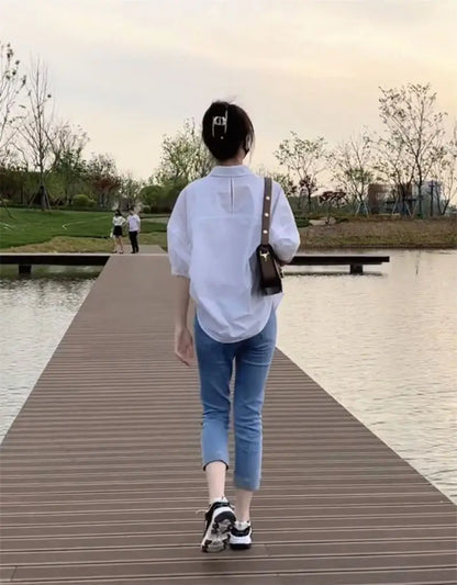 2025 Women’s Cotton Mid-Sleeve Loose Blouse – Casual Irregular Summer Shirt Korean Fashion