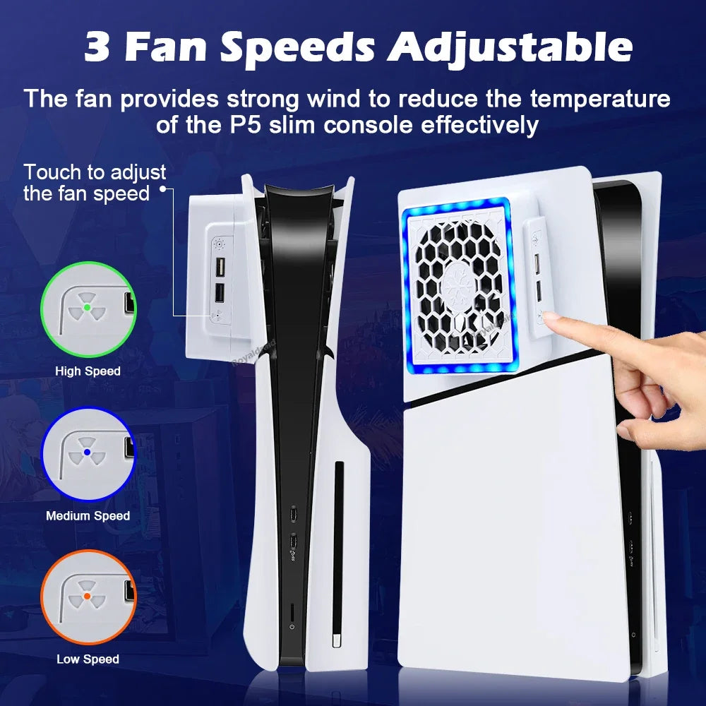 NEW Side-Mounted Cooling Fan for PS5 Slim – LED Light & 2 USB Ports Game Console Cooler Accessory