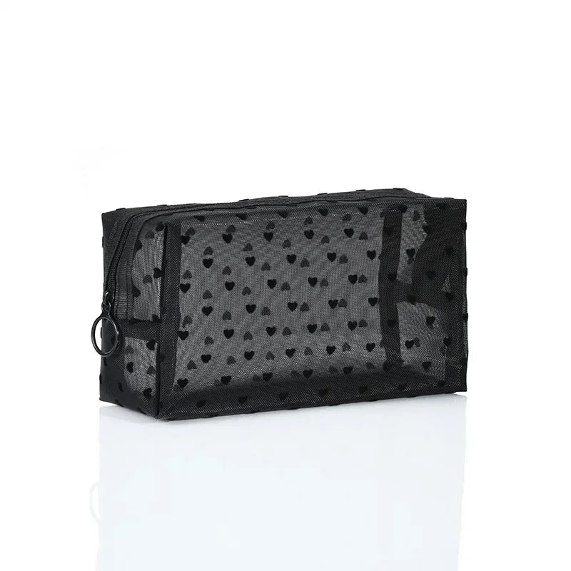 Nylon Mesh Heart-Shaped Cosmetic Bag — Zipper Toiletry & Makeup Organizer Pouch for Women, Multifunctional Lipstick, Key, and Coin Purse