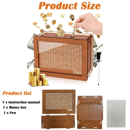 Wooden Money Box Piggy Bank – Cash Saving Treasure Coin Case for 1000/5000/10000 Euro – Encourages Saving Habit