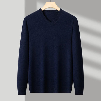 Men's V-Neck Knit Sweater - Solid Color Warm Elastic Oversized Autumn Pullover Casual Top