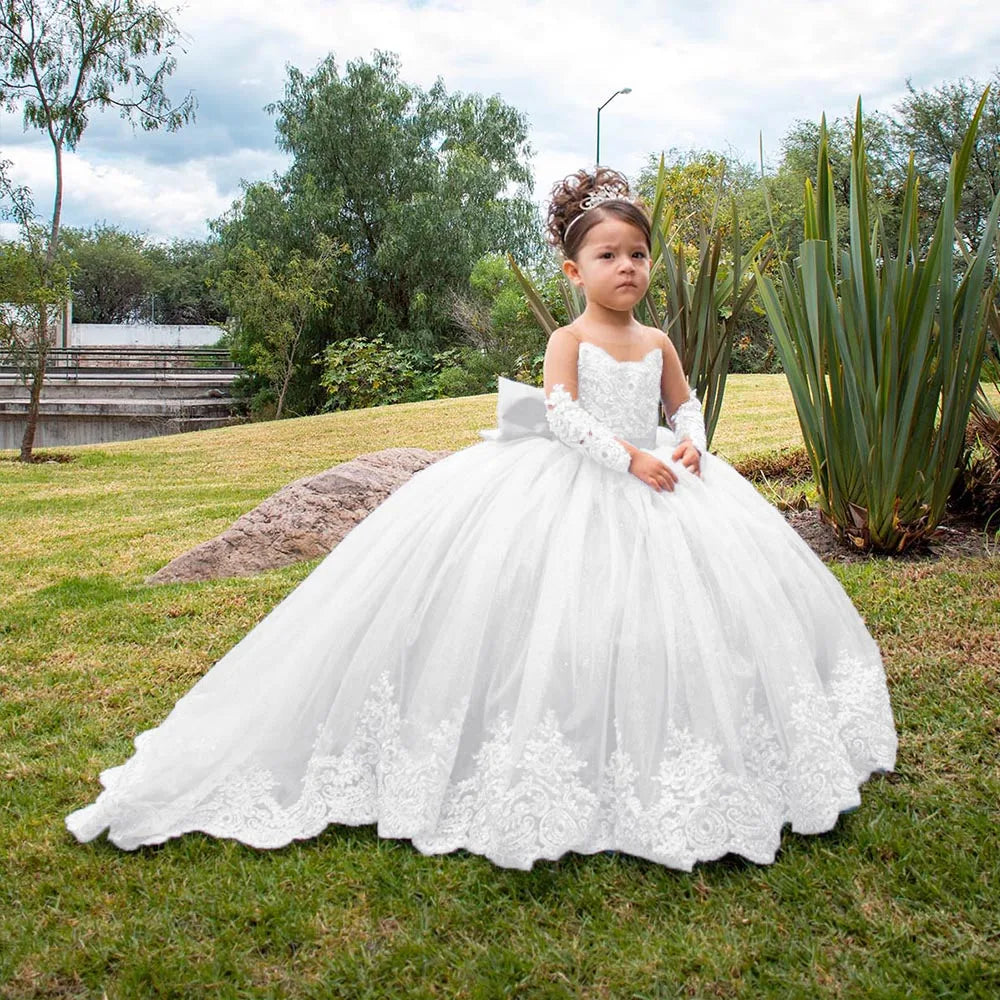 Flower Girl Wedding Dress - Long Sleeve Satin Bow Ball Gown for Toddlers & Girls