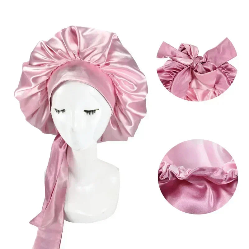 Women's Satin Solid Sleeping Hat: Adjustable Night Sleep Cap with Waterproof Shower Cap Function - Hair Bonnets for Sleep & Shower