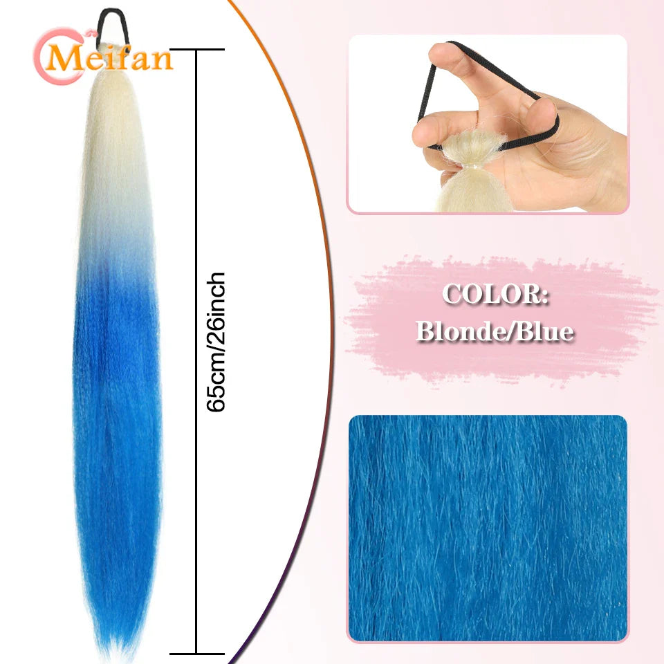 MEIFAN Synthetic Color Braid Ponytail Extension – Red, Green, Blue, Pink, Straight Hair Wrap Around with Elastic Tie