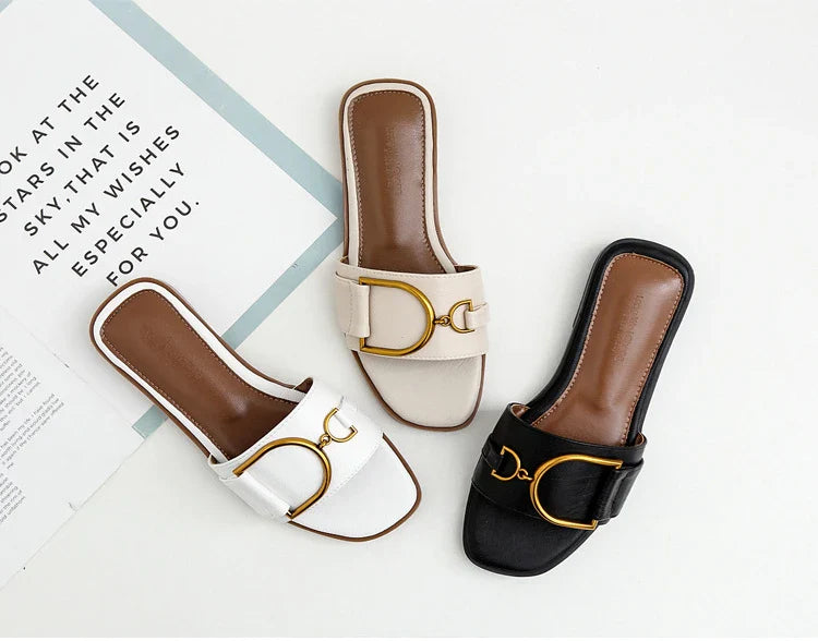 Women’s Flat Slippers — Summer Leather Square Toe Flats, Designer Slides & Luxury Sandals