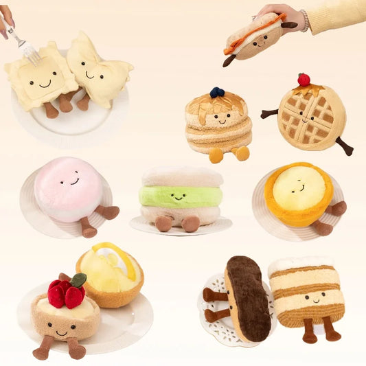Cute Dessert Plush Toys – Soft Cake, Waffle, Pancake, Macaron, Éclair Stuffed Dolls for Kids Gift & Home Decor