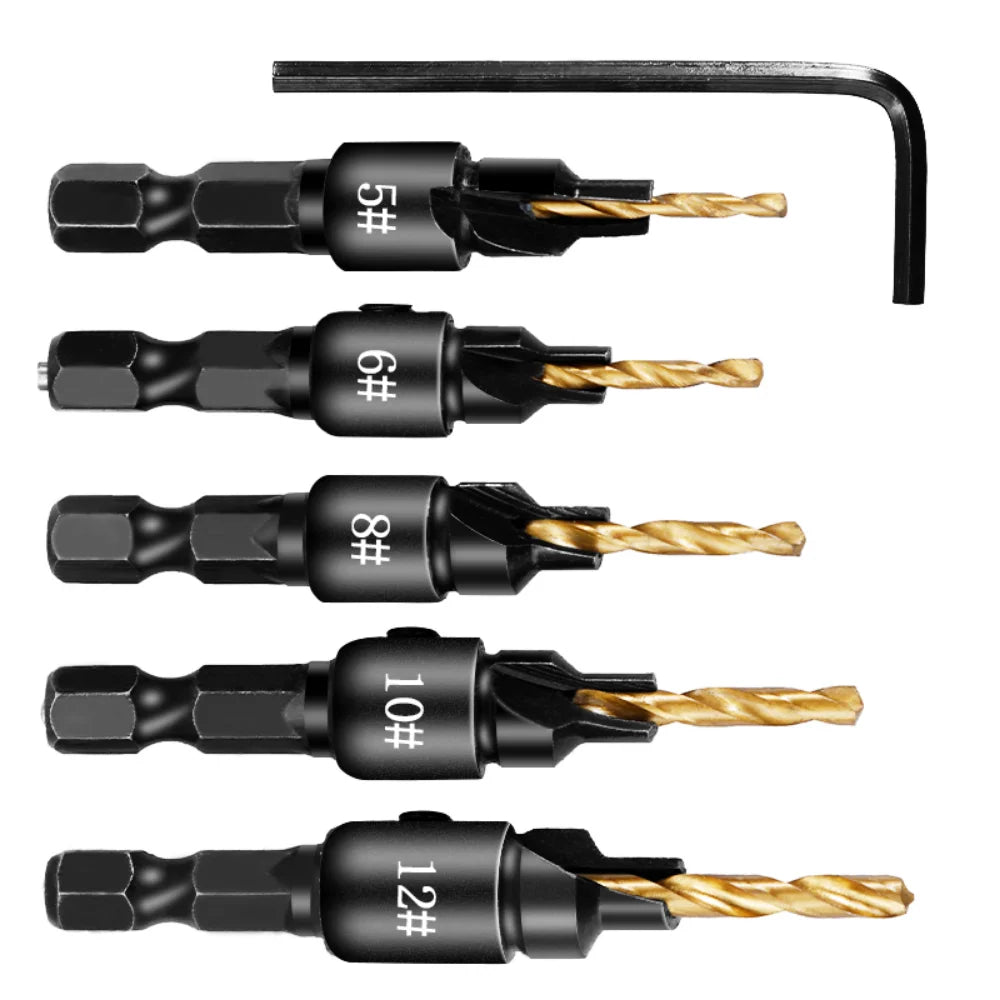 5pcs Countersink Drill Bit Set – Woodworking Pilot Hole Drills for Screw Sizes #5, #6, #8, #10, #12