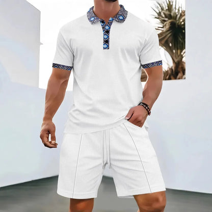 2025 Men's Summer Waffle Knit Short Set – Solid Color Zip-Up Lapel Shirt & Shorts | European & US Style