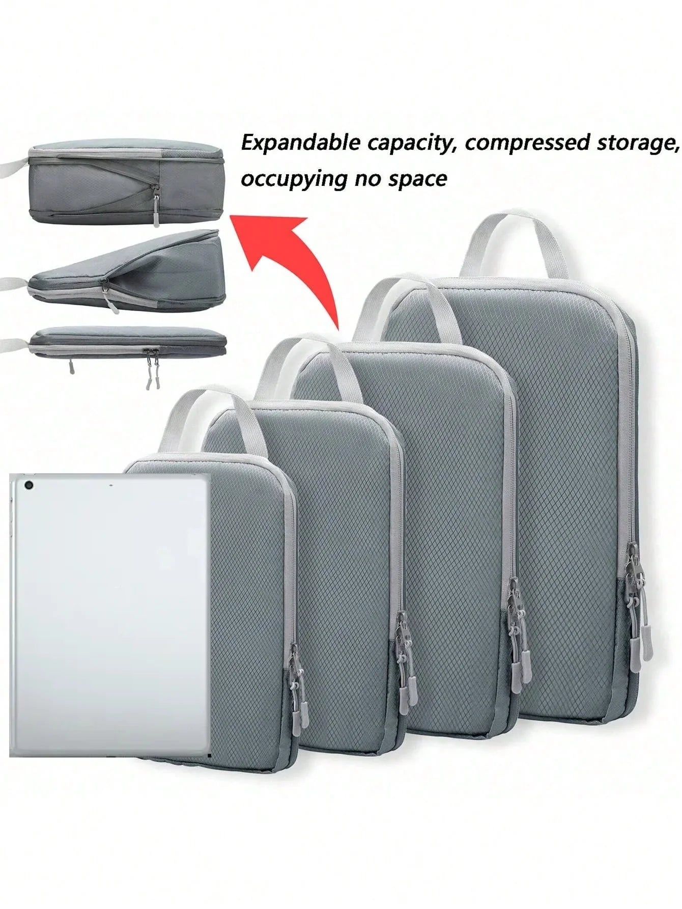 6-Piece Compressible Waterproof Nylon Packing Cubes Set – Portable Travel Storage Bags with Handbag Luggage Organizer