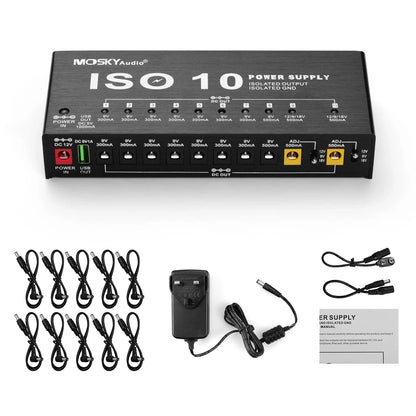 MOSKY ISO 10 Guitar Effect Pedal Power Supply – 10 Isolated DC Outputs, 5V USB Output, 9V 12V 18V Protection for Guitar Accessories