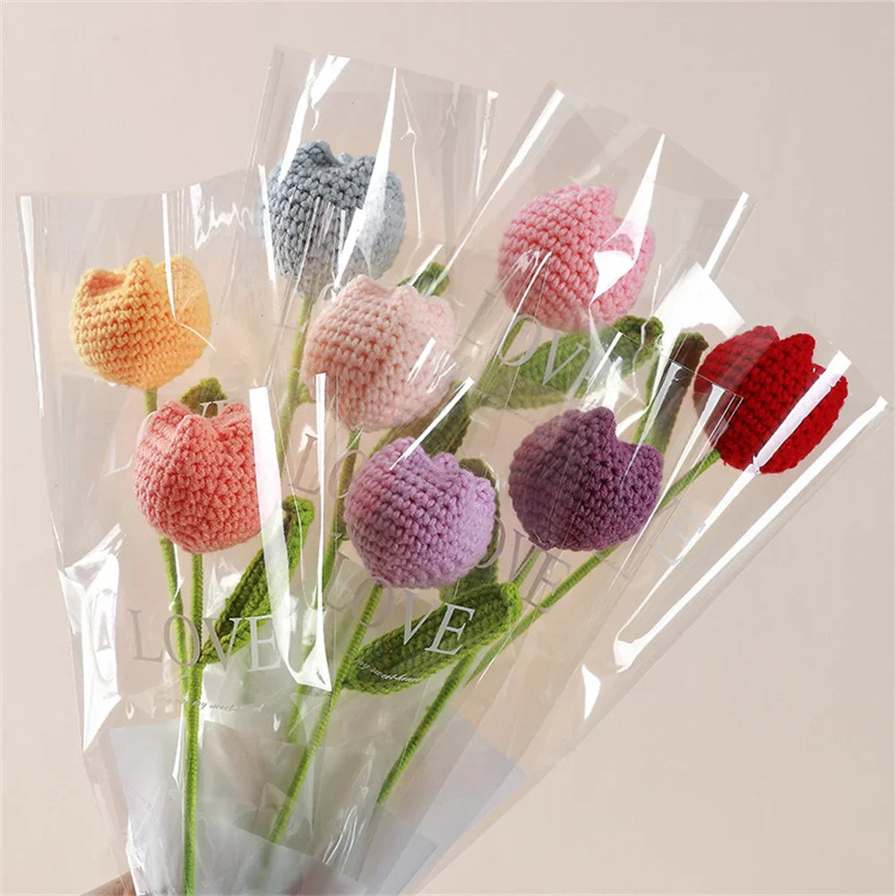 Hand-Knitted Rose, Tulip & Sunflower Bouquet – Crochet Simulation Floral Arrangement for Home Table Decor