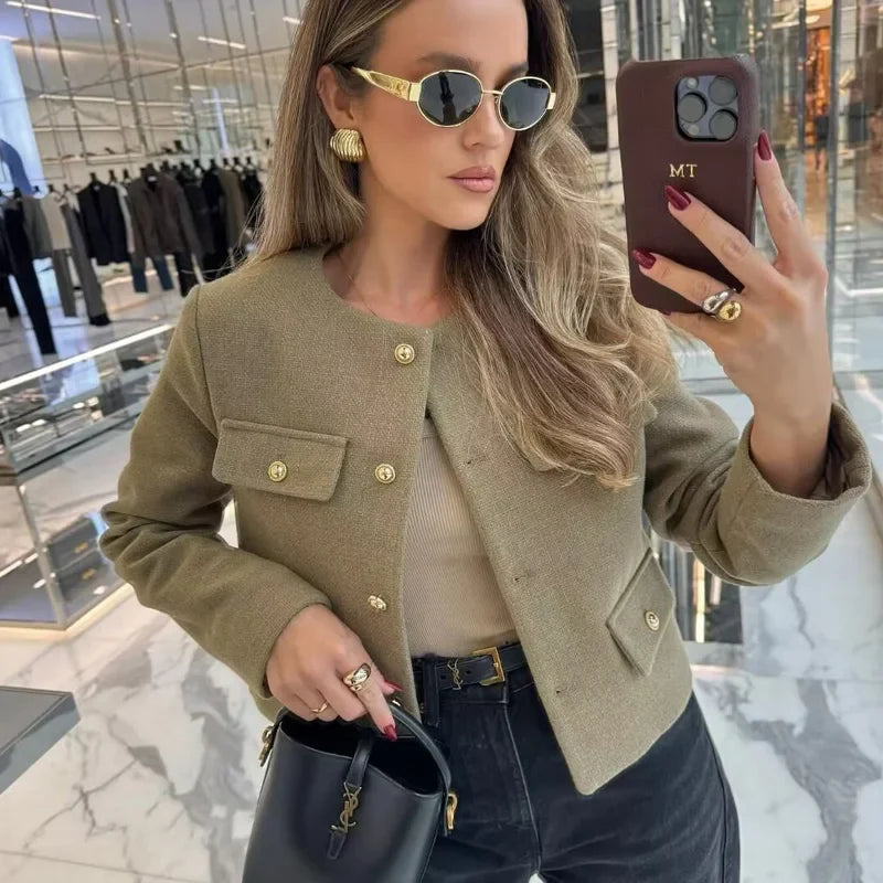 TRAF Women's Autumn Outerwear – Long Sleeve Cropped Jacket, Winter Button Demi-Season Short Coat, Elegant Women’s Coat