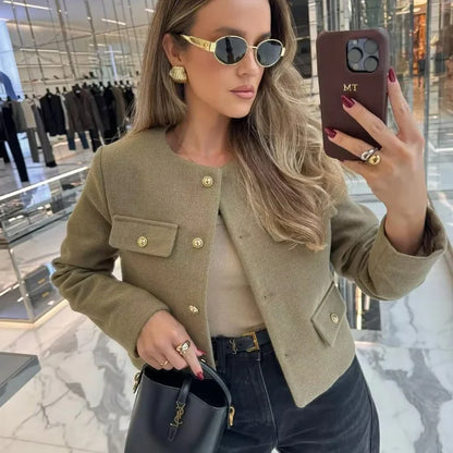 TRAF Women's Autumn Outerwear – Long Sleeve Cropped Jacket, Winter Button Demi-Season Short Coat, Elegant Women’s Coat