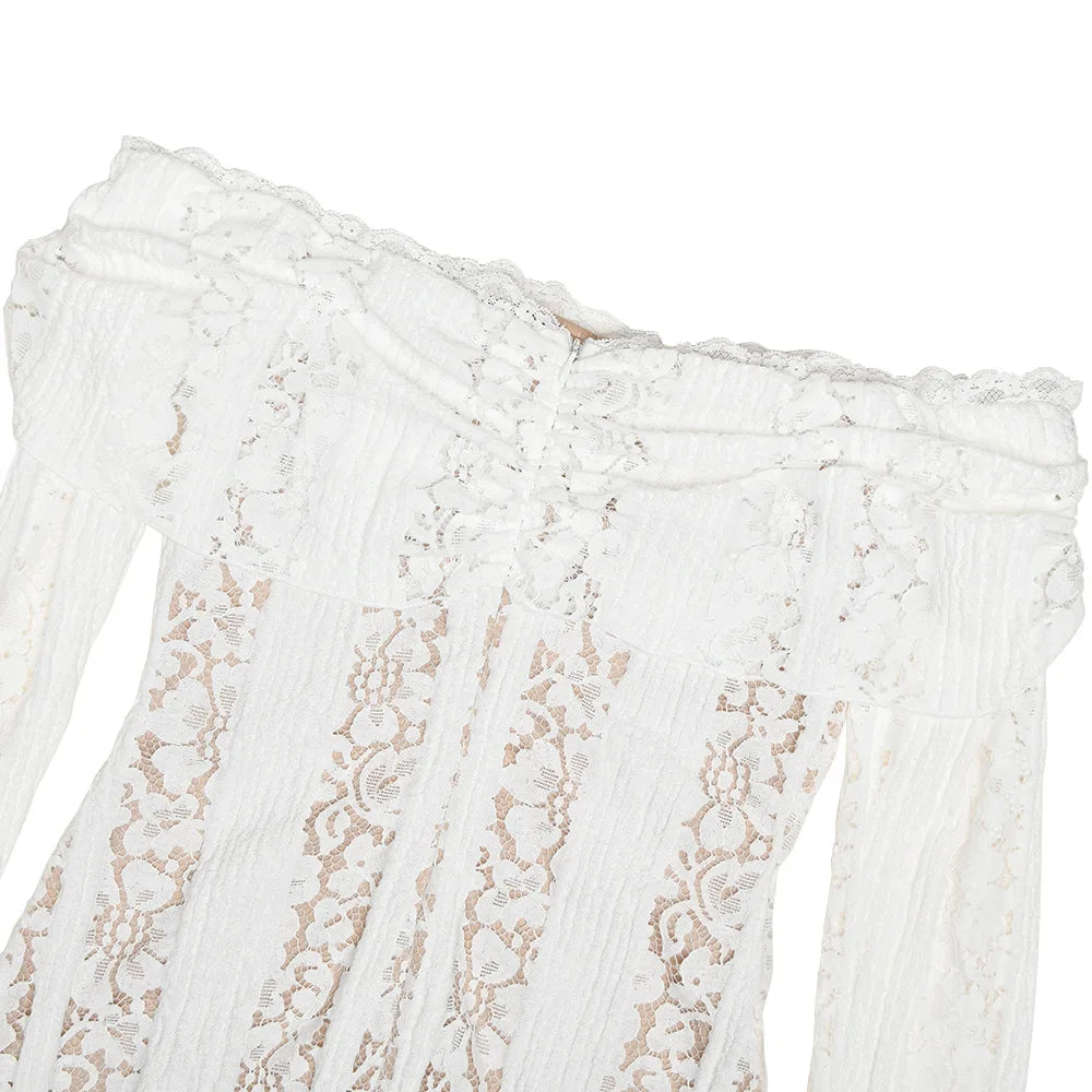 Suninheart White Off-Shoulder Bodycon Dress – 2025 Elegant Lace Long Sleeve Maxi Dress for Women, Wedding Guest Outfit