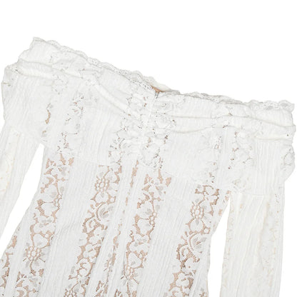 Suninheart White Off-Shoulder Bodycon Dress – 2025 Elegant Lace Long Sleeve Maxi Dress for Women, Wedding Guest Outfit