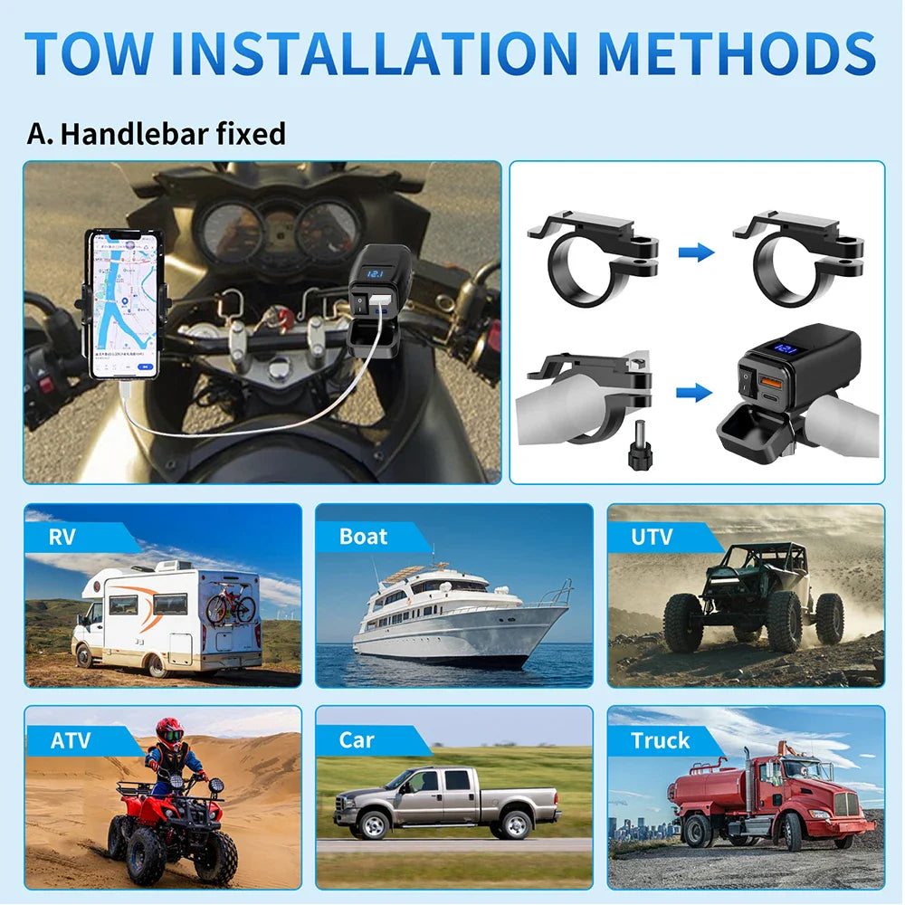 PD QC3.0 Motorcycle USB Fast Charger — 60W Dual USB Handlebar Socket with Switch & Voltmeter, Waterproof 12V Power Adapter