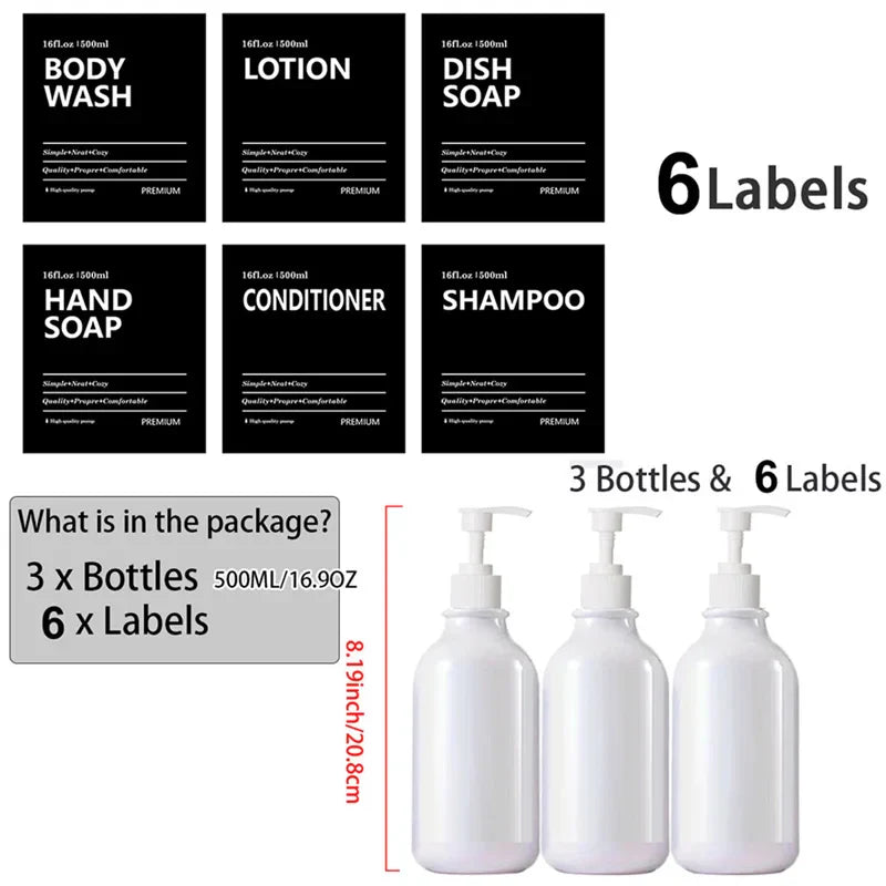 3 Pack 500ml Soap Dispenser Bottles with Labels – Kitchen & Bathroom Shampoo, Conditioner, Liquid Soap Containers